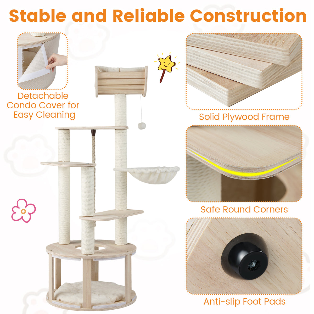 141cm Tall Wooden Cat Tree with Condo and Washable Plush Cushions for Indoor Cats