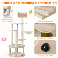 141cm Tall Wooden Cat Tree with Condo and Washable Plush Cushions for Indoor Cats