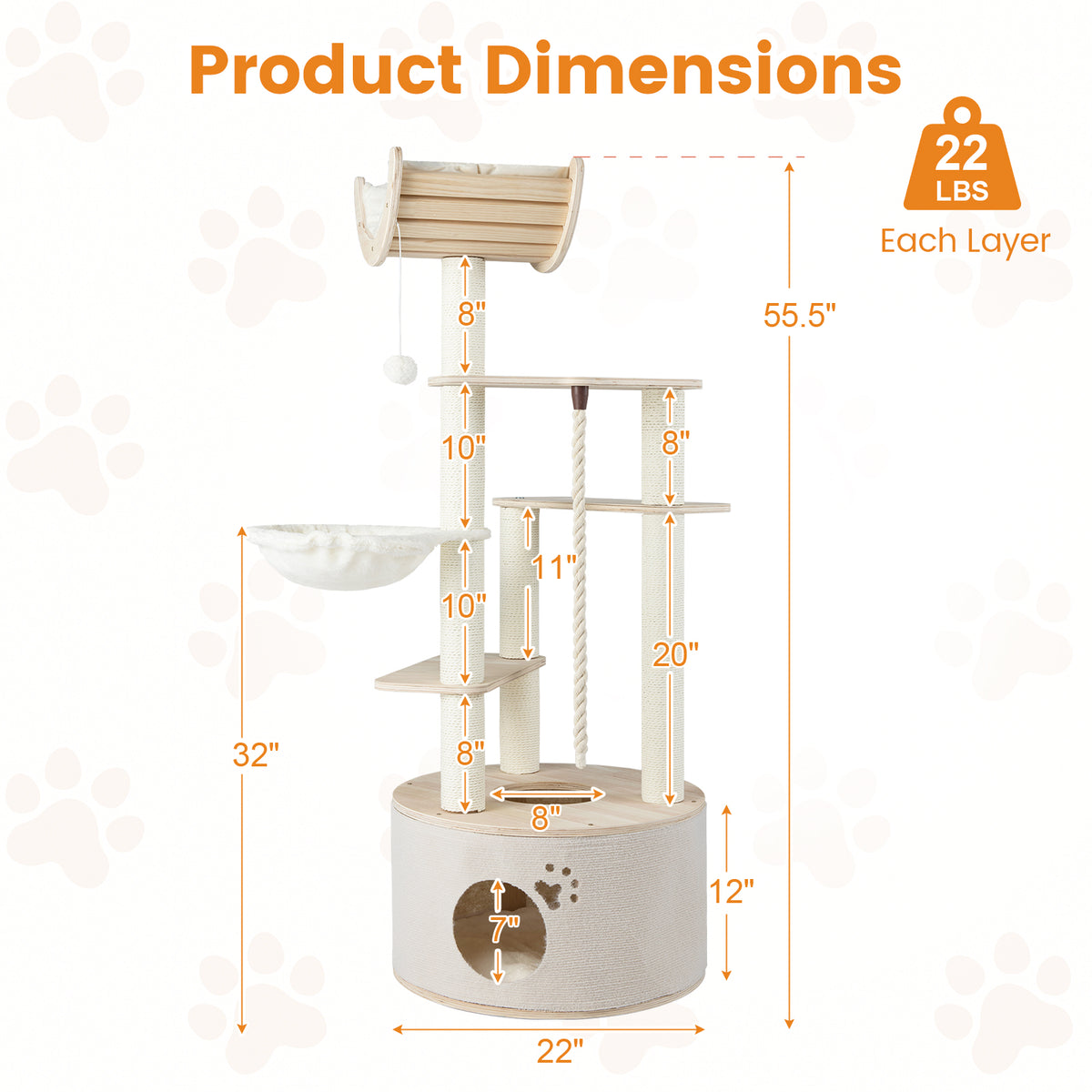 141cm Tall Wooden Cat Tree with Condo and Washable Plush Cushions for Indoor Cats