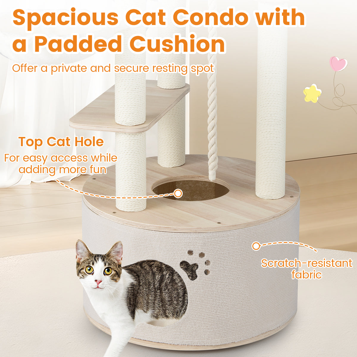 141cm Tall Wooden Cat Tree with Condo and Washable Plush Cushions for Indoor Cats
