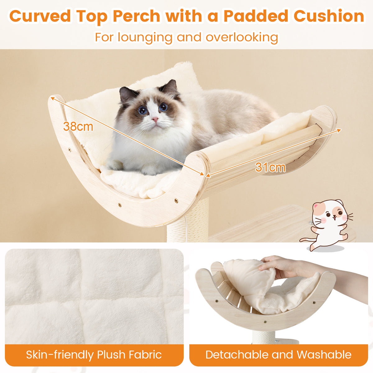 141cm Tall Wooden Cat Tree with Condo and Washable Plush Cushions for Indoor Cats