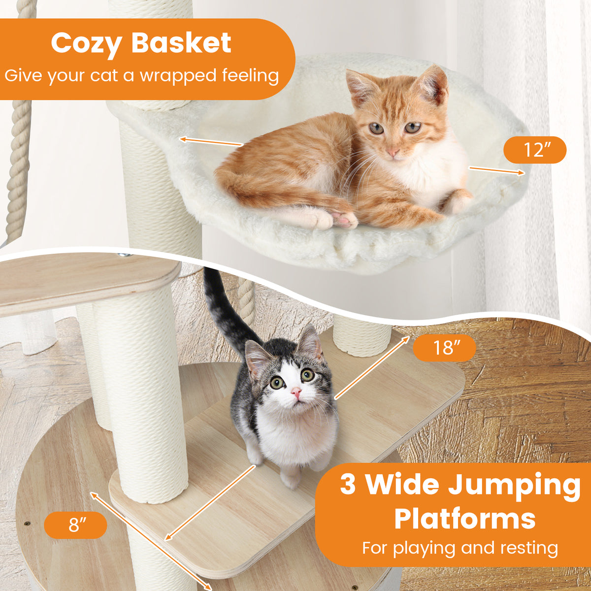 141cm Tall Wooden Cat Tree with Condo and Washable Plush Cushions for Indoor Cats