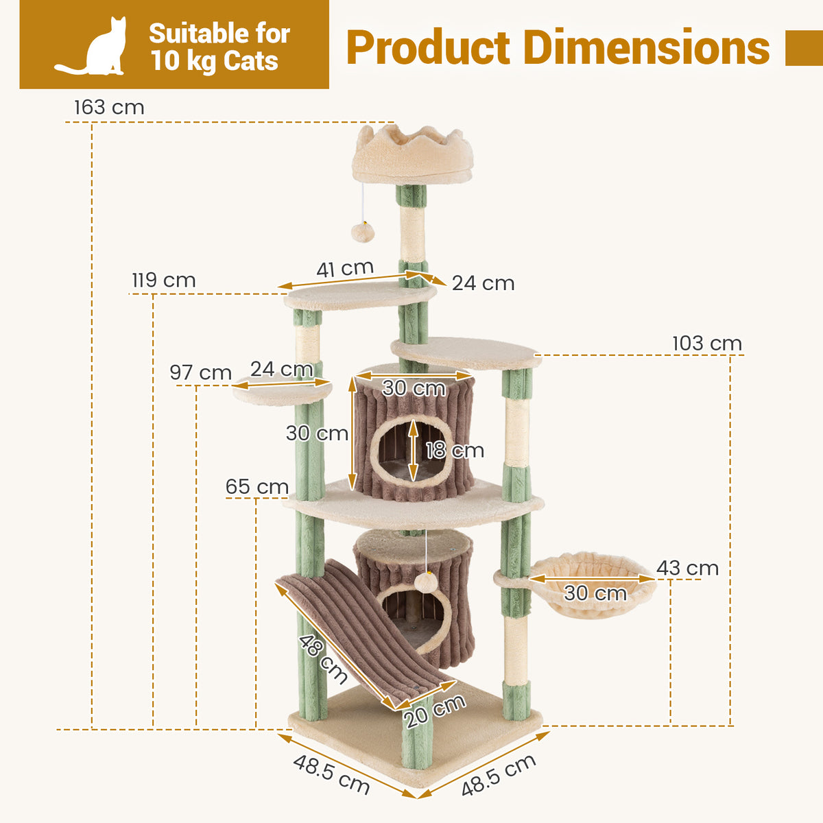 Large Cat Tree for Indoor Kittens 163 cm Tall Kitty Tower with 2 Condos