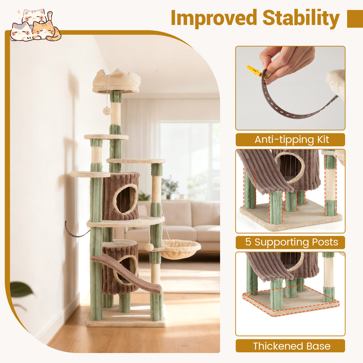 Large Cat Tree for Indoor Kittens 163 cm Tall Kitty Tower with 2 Condos