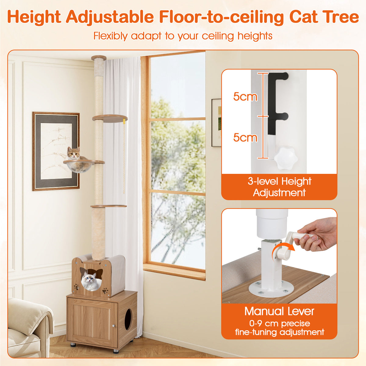 Floor to Ceiling Cat Tree for Indoor Cats, 256-275 CM Height Adjustable Tall Cat Tower