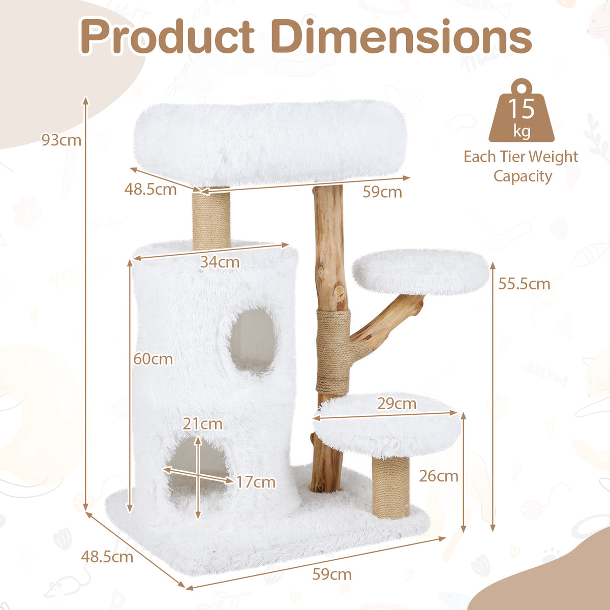 93 CM Cat Tower with Real Wood Branches and Scratching Posts for Indoor Cats