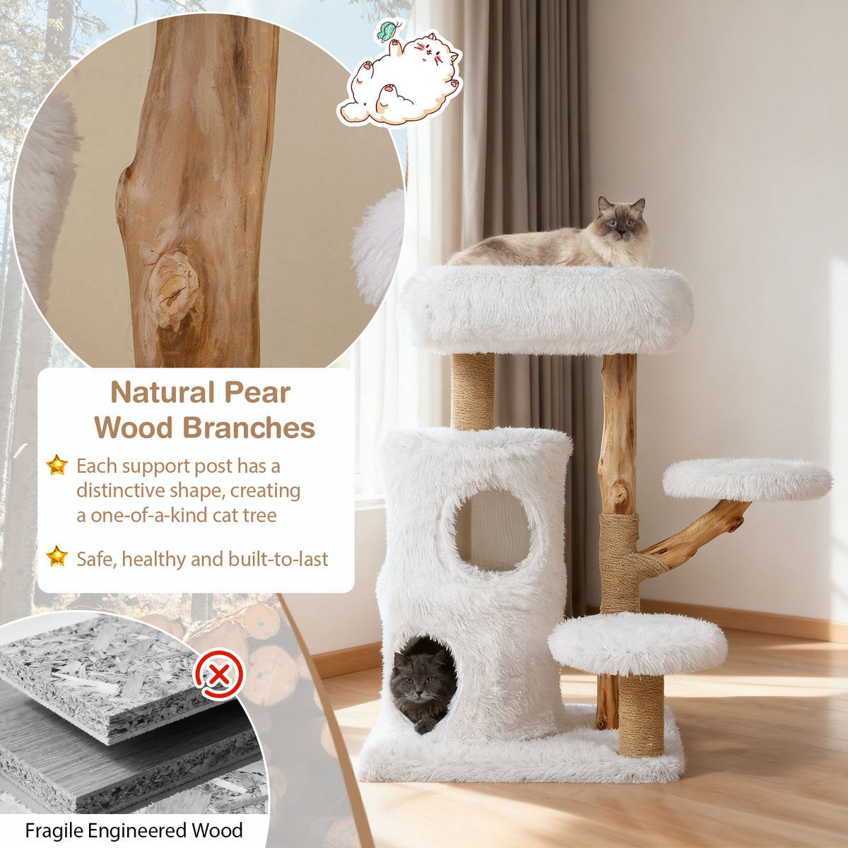 93 CM Cat Tower with Real Wood Branches and Scratching Posts for Indoor Cats