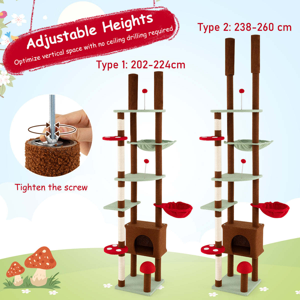 Floor to Ceiling Cat Tree, 238-260 CM Height Mushroom Cat Tower