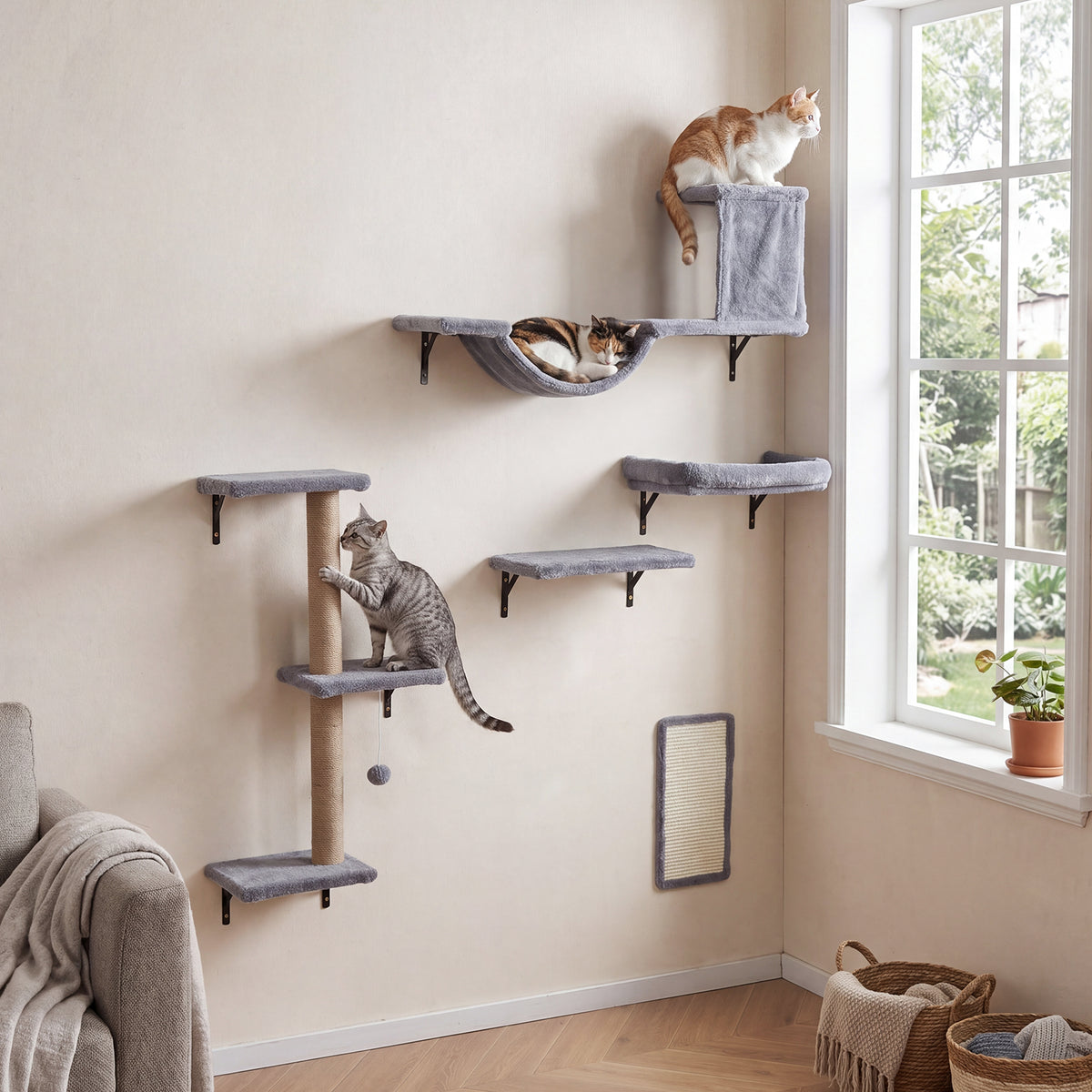 5-in-1 Cat Climbing Wall with Cat Tree & Cat House with Bridge