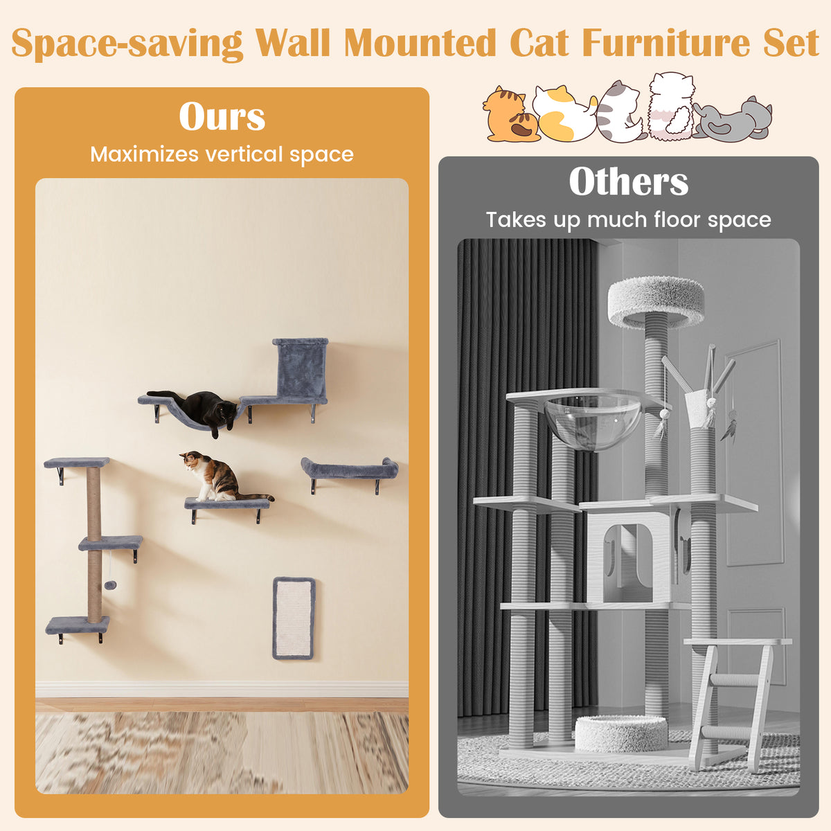 5-in-1 Cat Climbing Wall with Cat Tree & Cat House with Bridge