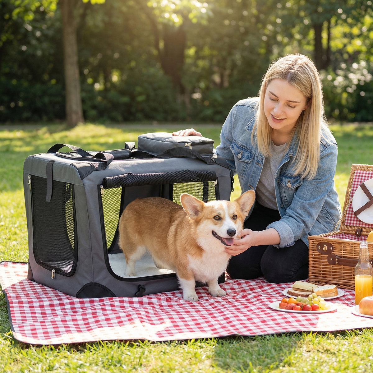 61/72/84/91cm Collapsible Soft Dog Crate with Mesh Windows for Small/Medium/Large Dogs and Cats
