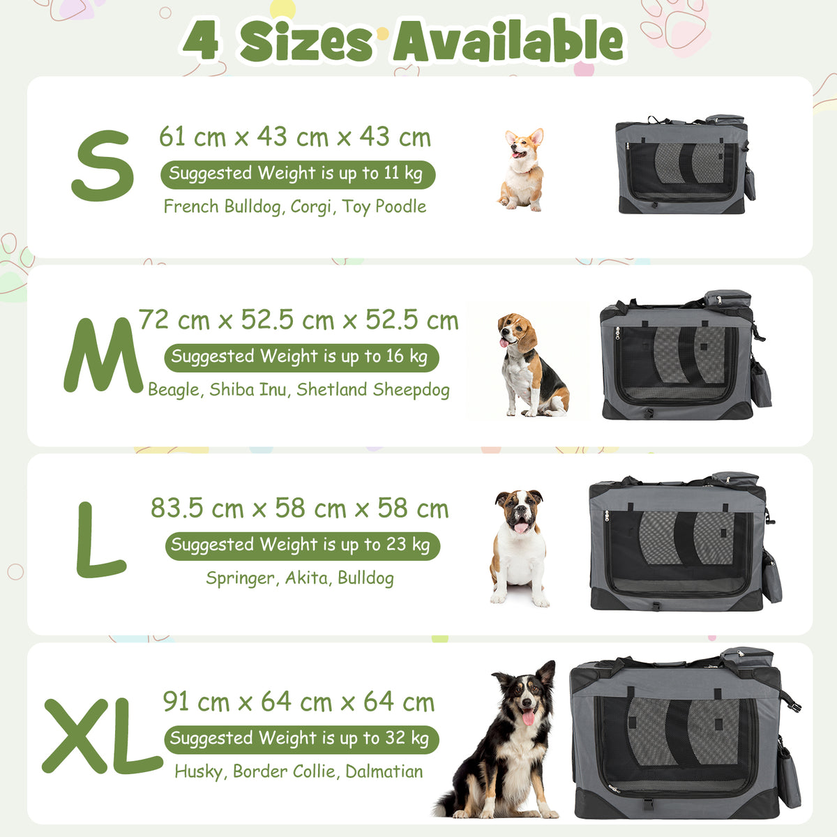 61/72/84/91cm Collapsible Soft Dog Crate with Mesh Windows for Small/Medium/Large Dogs and Cats