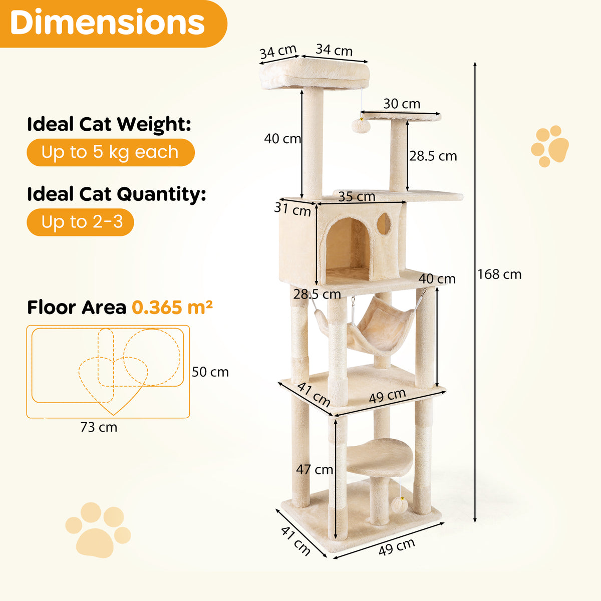 168 cm Tall Multi-Level Cat Tower with 2 Perches