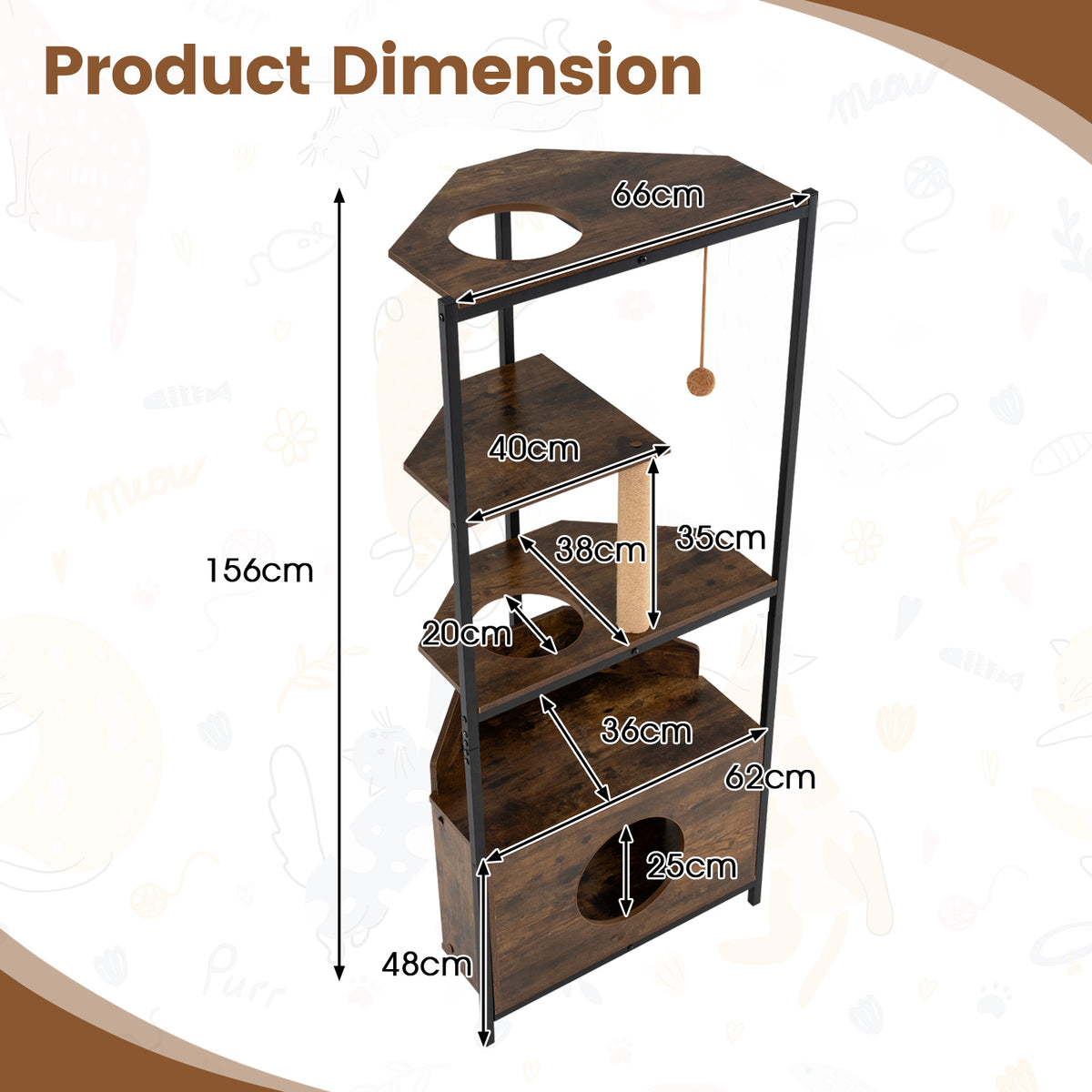 Corner Cat Tree with Scratching Post and Playing Ball Through-hole Design for Indoor