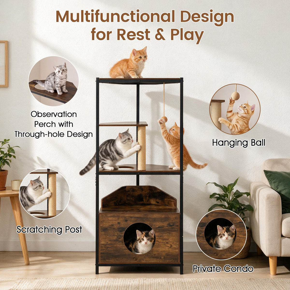 Corner Cat Tree with Scratching Post and Playing Ball Through-hole Design for Indoor