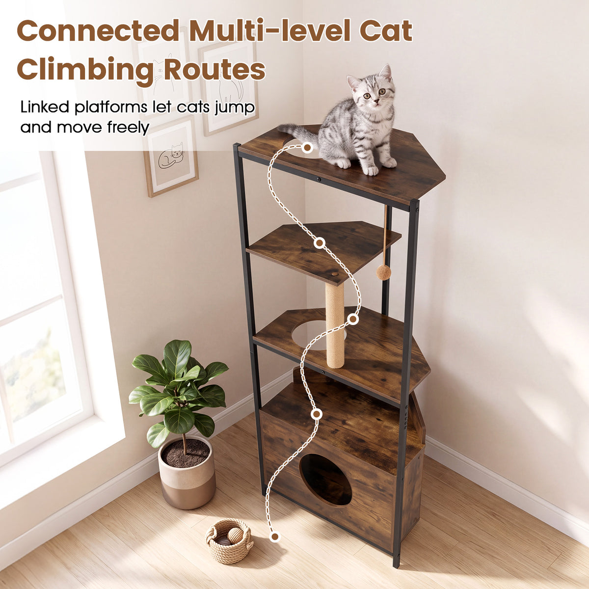 Corner Cat Tree with Scratching Post and Playing Ball Through-hole Design for Indoor
