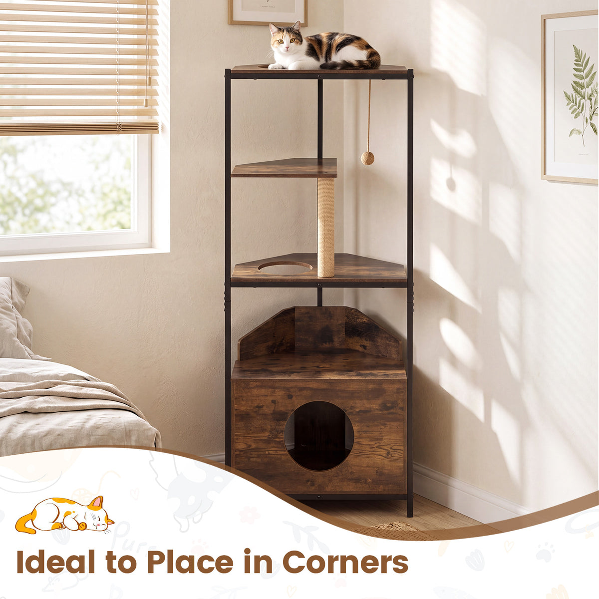 Corner Cat Tree with Scratching Post and Playing Ball Through-hole Design for Indoor