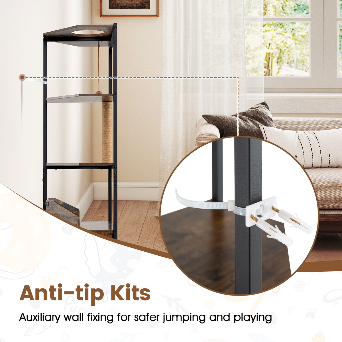 Corner Cat Tree with Scratching Post and Playing Ball Through-hole Design for Indoor