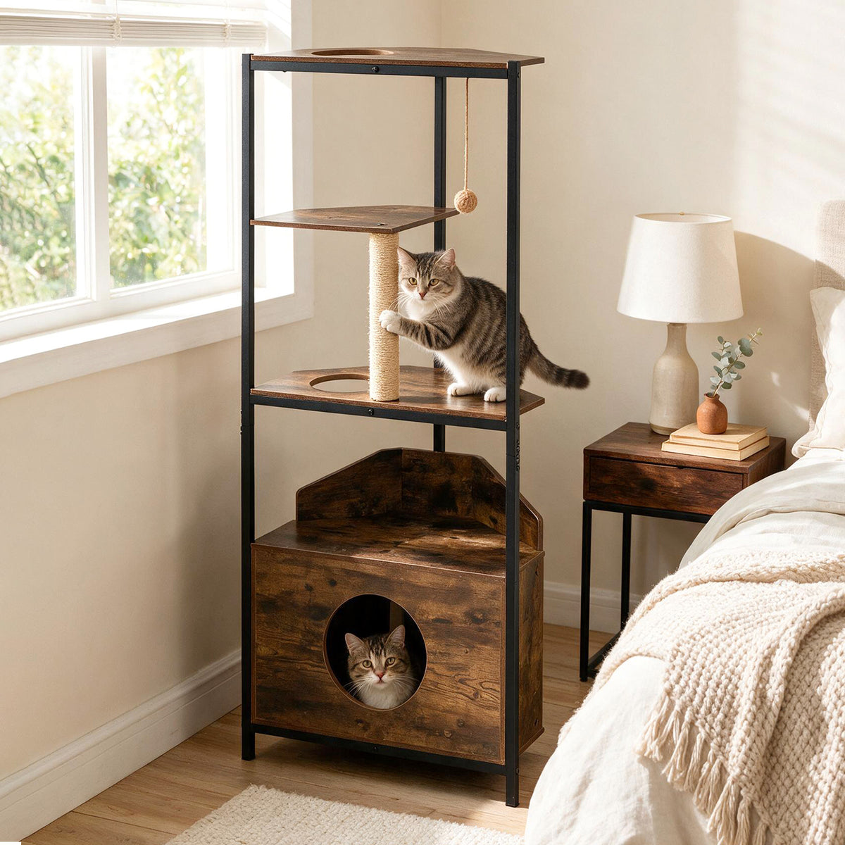 Corner Cat Tree with Scratching Post and Playing Ball Through-hole Design for Indoor