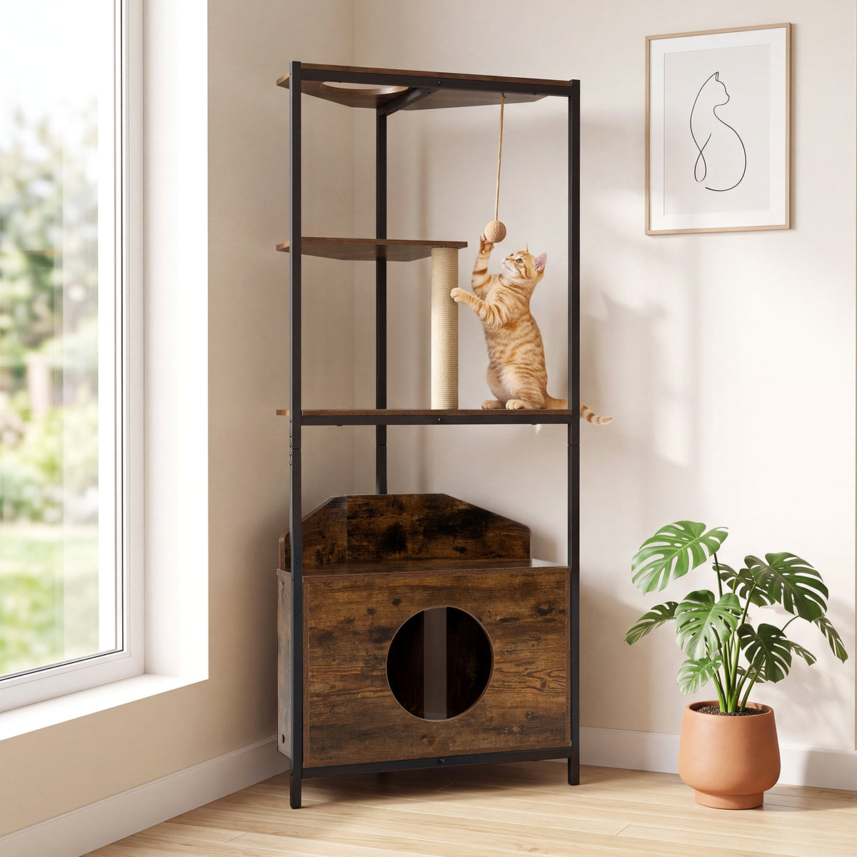 Corner Cat Tree with Scratching Post and Playing Ball Through-hole Design for Indoor