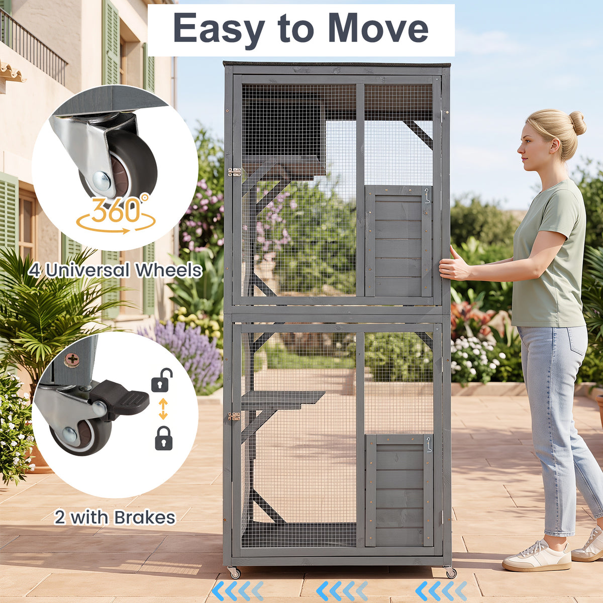182 CM Large Wooden Cat Enclosure on Wheels with Resting Box
