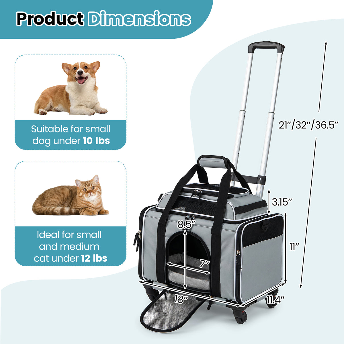 Foldable Pet Carrier with Wheels Airline Approved with Telescopic Handle