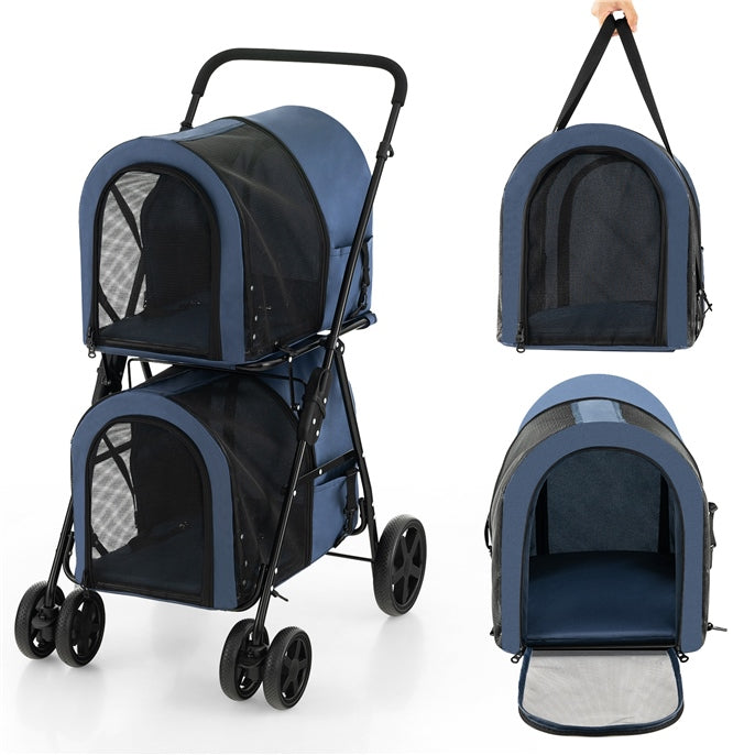 4-in-1 Double Layer Pet Stroller, Foldable Cat Dog Stroller on Wheels w/ 2 Detachable Carriers for Small Medium Sized Pets