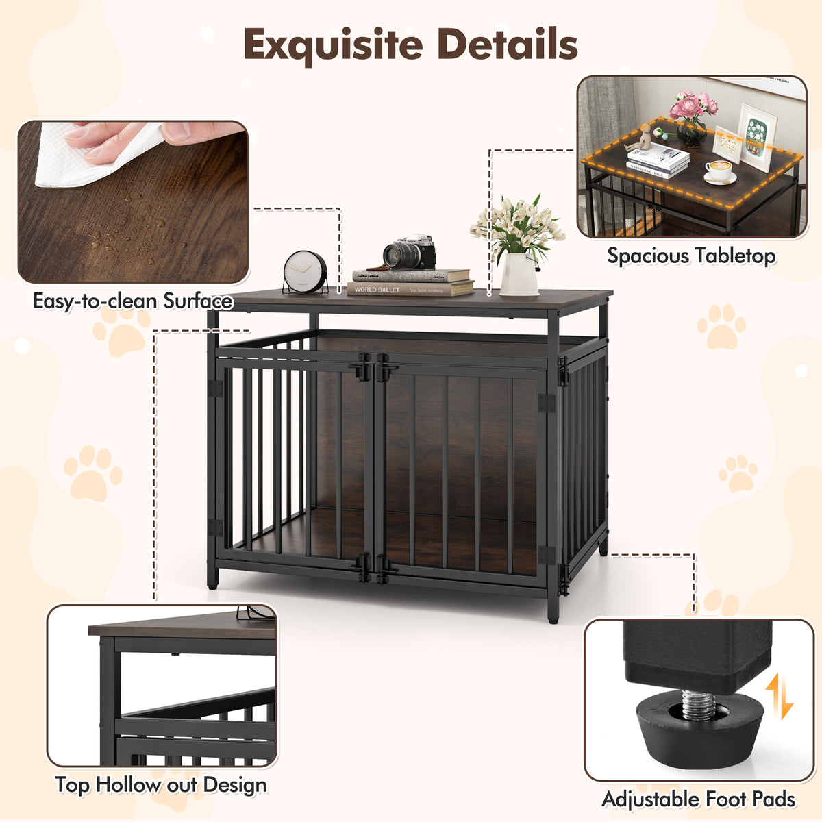 Furniture Style Dog Crate, Chew-Resistant Dog Cage with Three Doors & Hollow Top