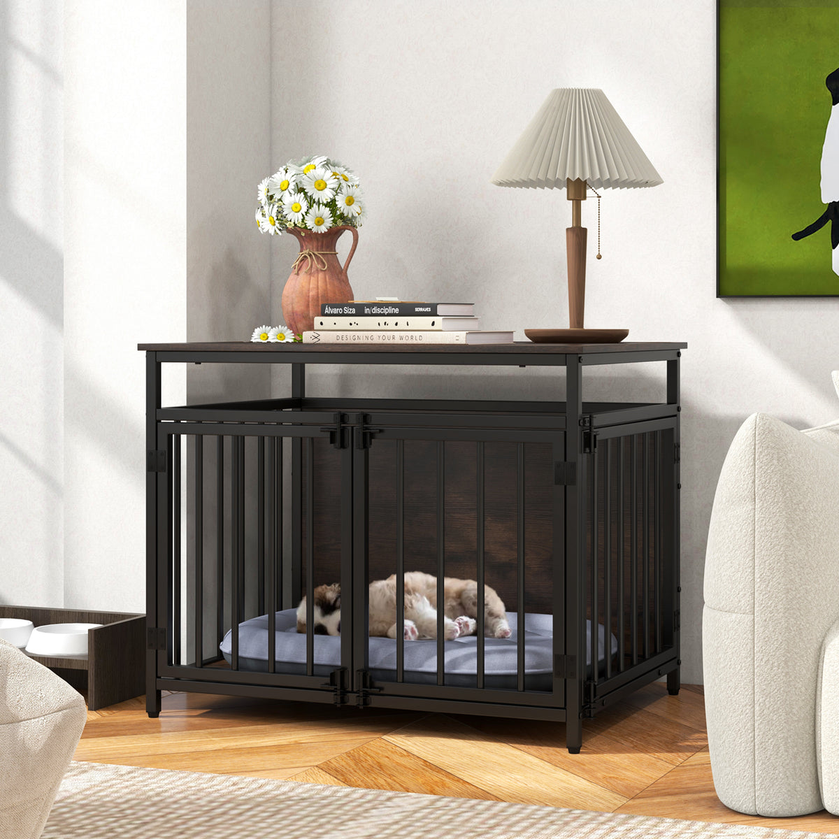 Furniture Style Dog Crate, Chew-Resistant Dog Cage with Three Doors & Hollow Top