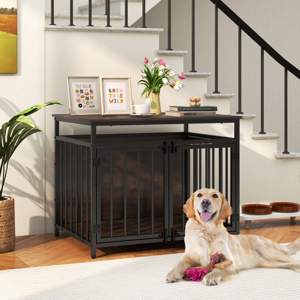 Furniture Style Dog Crate, Chew-Resistant Dog Cage with Three Doors & Hollow Top