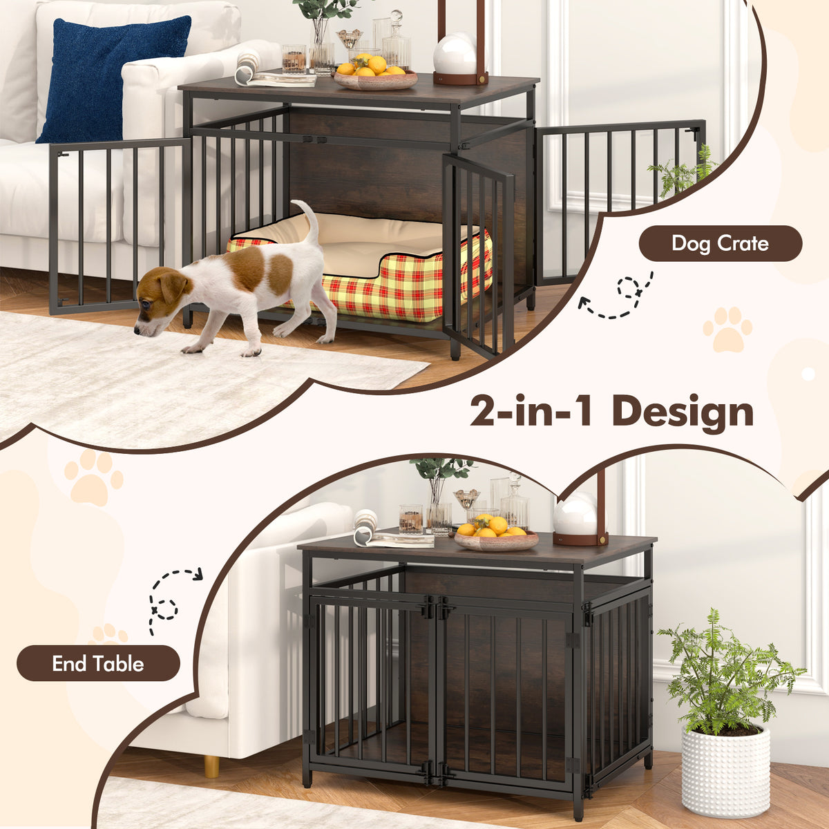 Furniture Style Dog Crate, Chew-Resistant Dog Cage with Three Doors & Hollow Top