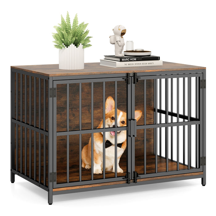 Heavy-duty Dog Crate Furniture, 100 cm Dog Kennel with Dual Lockable Double Doors