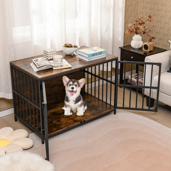 Heavy-duty Dog Crate Furniture, 100 cm Dog Kennel with Dual Lockable Double Doors