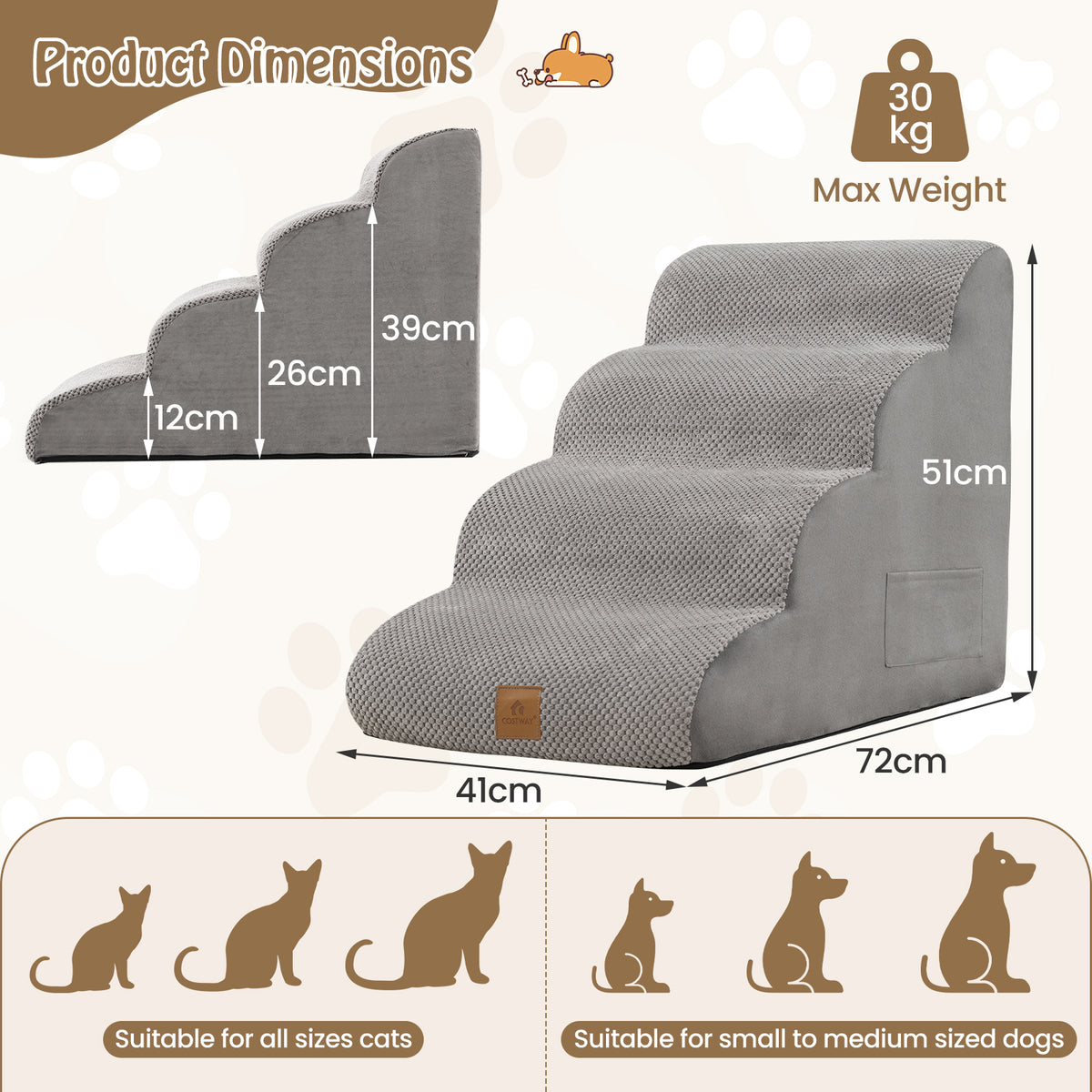 4-Step Pet Stairs/Ramp with Pet Hair Remover, High Density Foam Extra Wide Dog Steps