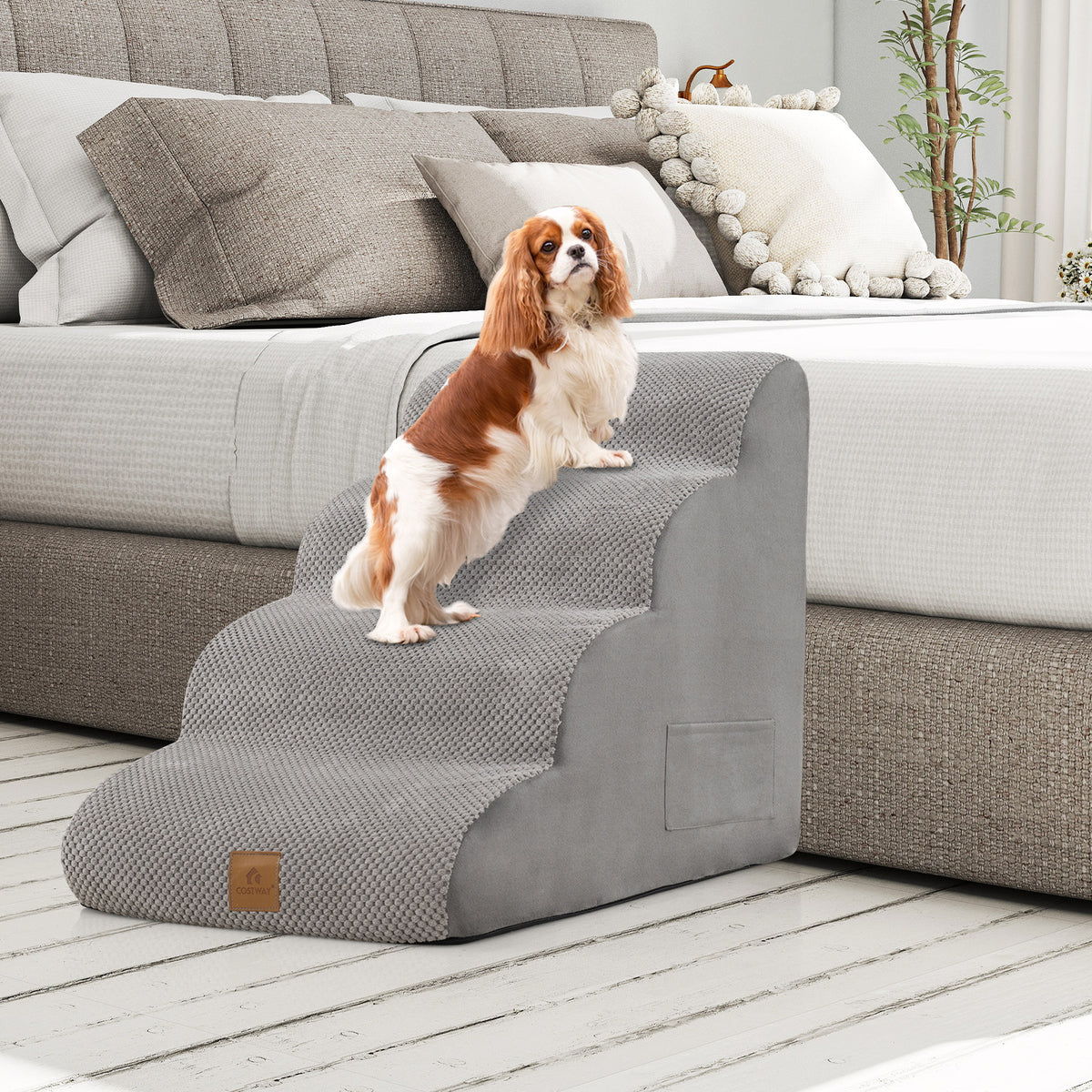 4-Step Pet Stairs/Ramp with Pet Hair Remover, High Density Foam Extra Wide Dog Steps