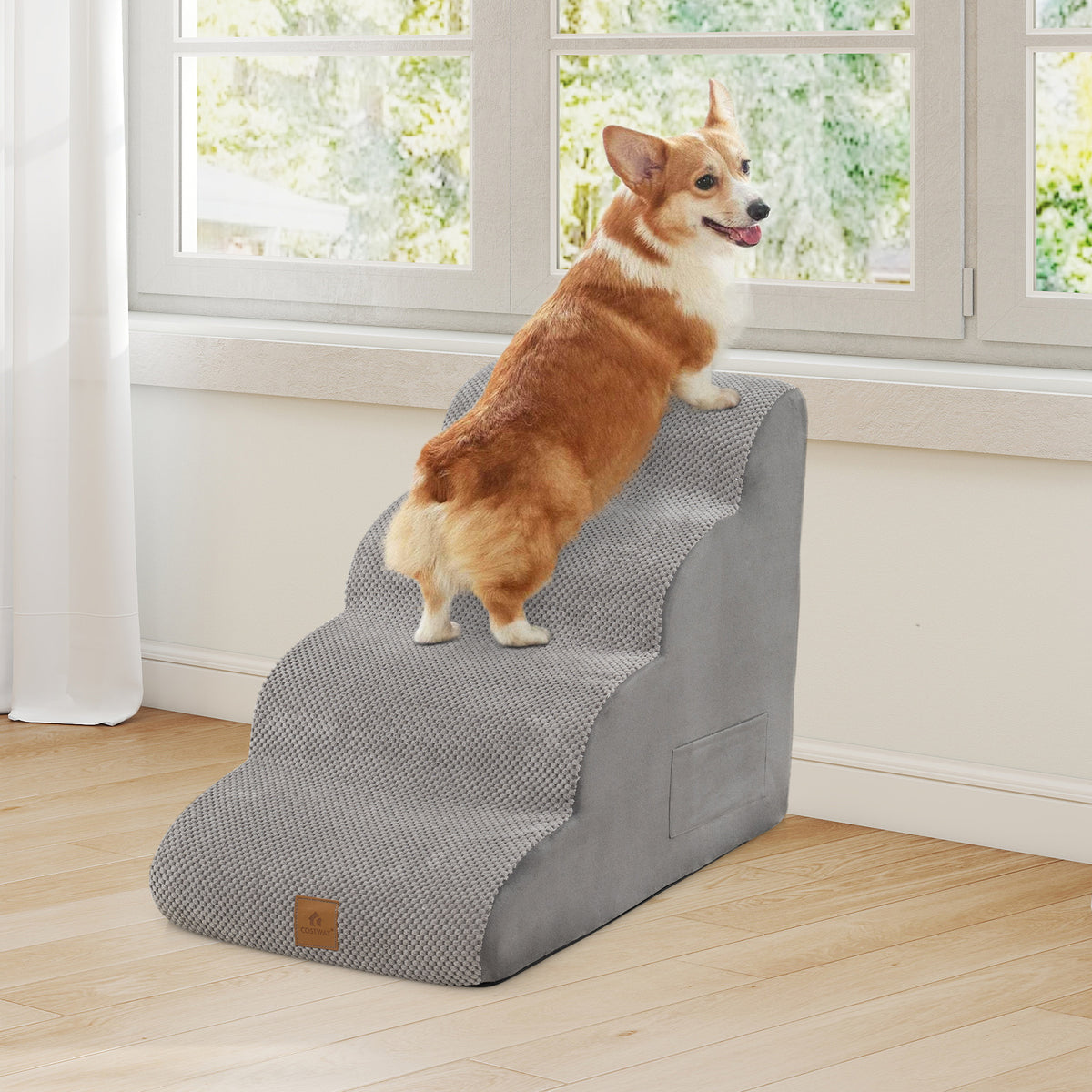 4-Step Pet Stairs/Ramp with Pet Hair Remover, High Density Foam Extra Wide Dog Steps