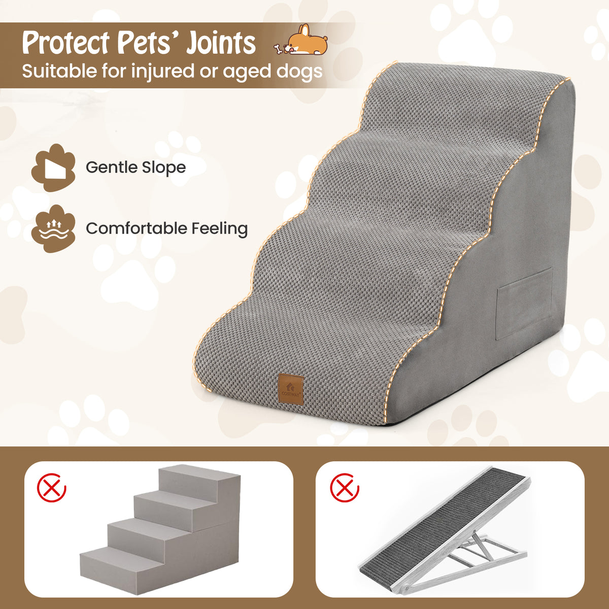 4-Step Pet Stairs/Ramp with Pet Hair Remover, High Density Foam Extra Wide Dog Steps