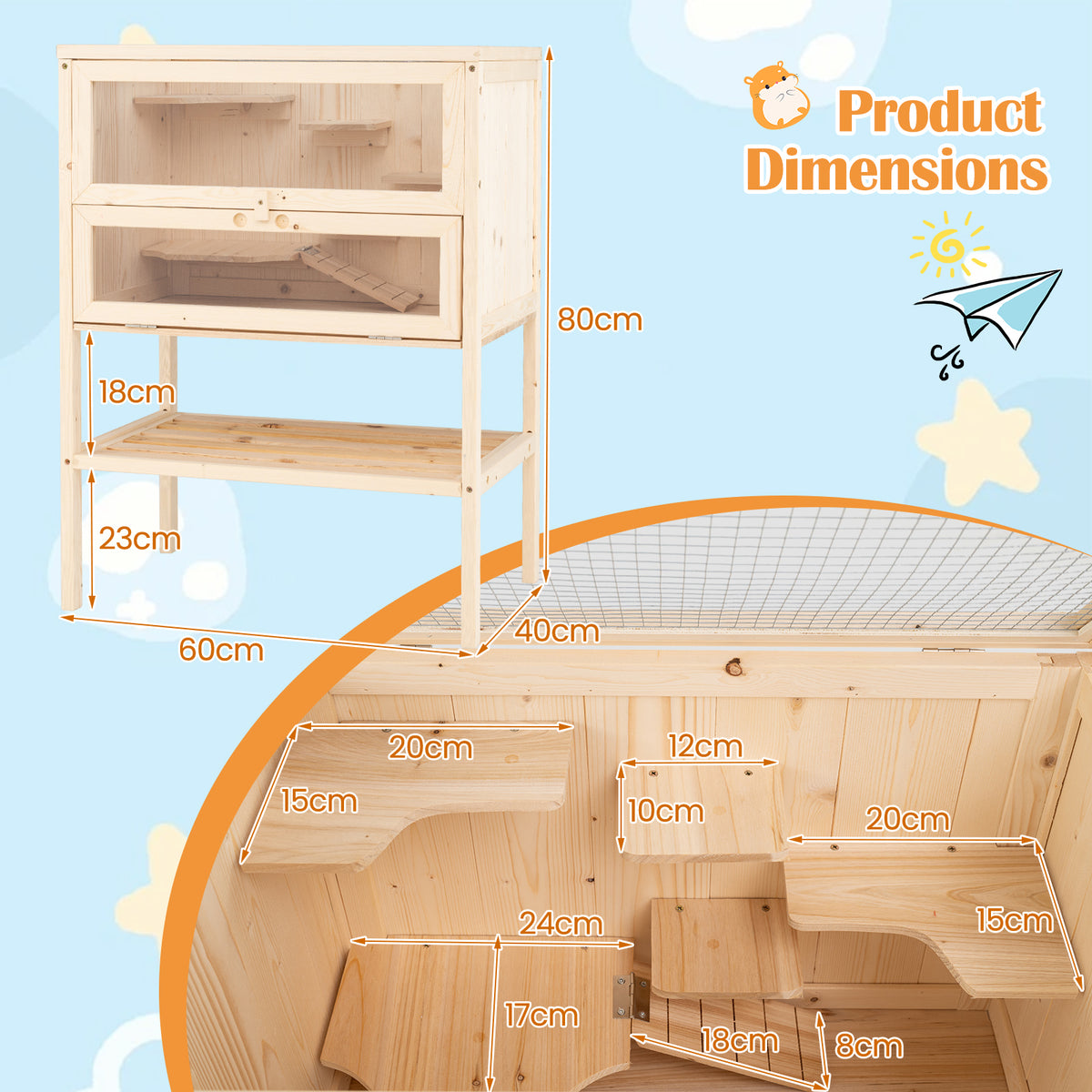 80 cm Freestanding Hamster Cage, Wooden Hamster Habitat Playpen