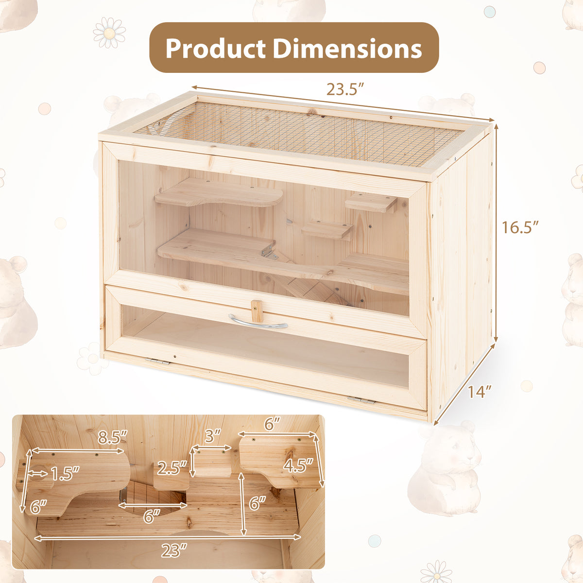 Wooden Hamster Cage, Hamster Habitat Playpen w/Mesh Flip Roof