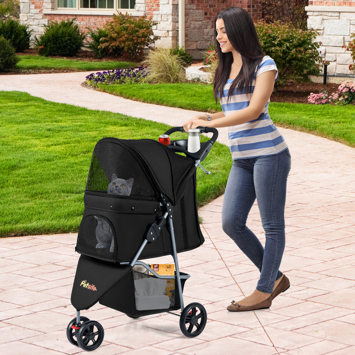 One-click Folding Pet Stroller with Adjustable Canopy and Removable Washable Pad