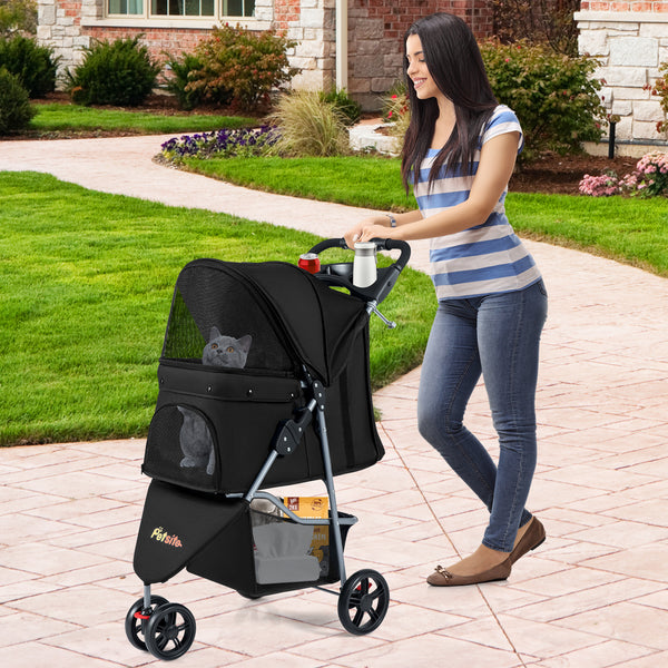 One-click Folding Pet Stroller with Adjustable Canopy and Removable Washable Pad