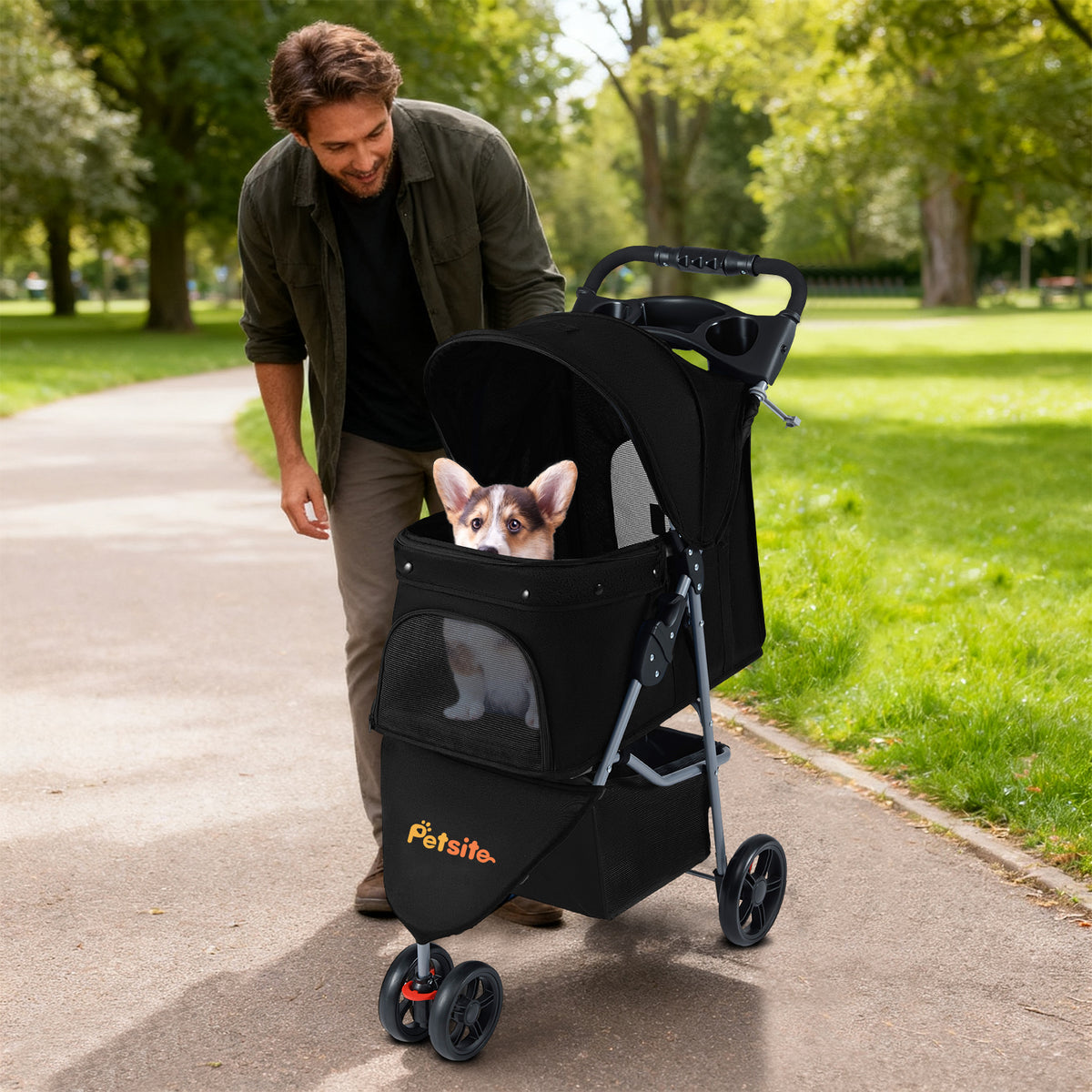 One-click Folding Pet Stroller with Adjustable Canopy and Removable Washable Pad