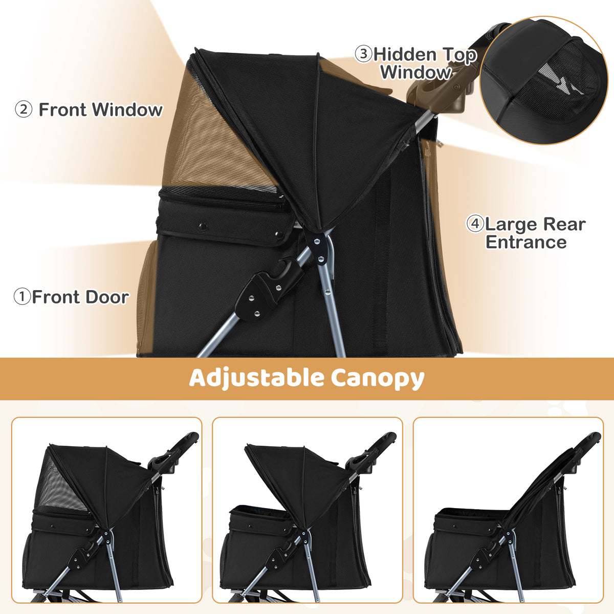 One-click Folding Pet Stroller with Adjustable Canopy and Removable Washable Pad