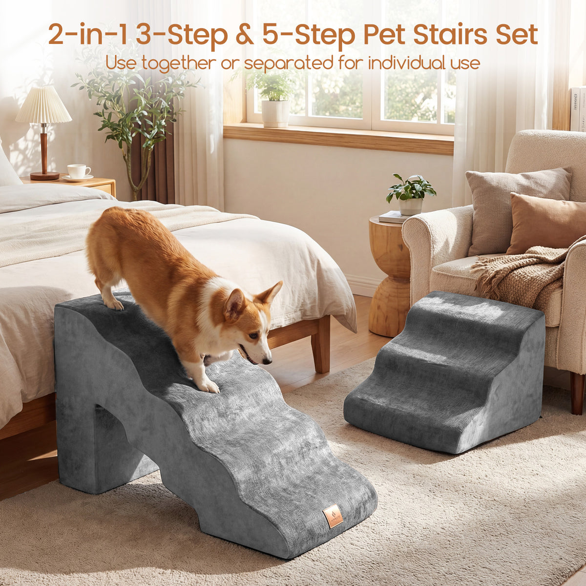 Foam Pet Stairs Set w/5-Tier & 3-Tier Dog Ramps, Non-Slip & Gentle-Slope Wide Dog Steps