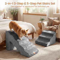 Foam Pet Stairs Set w/5-Tier & 3-Tier Dog Ramps, Non-Slip & Gentle-Slope Wide Dog Steps