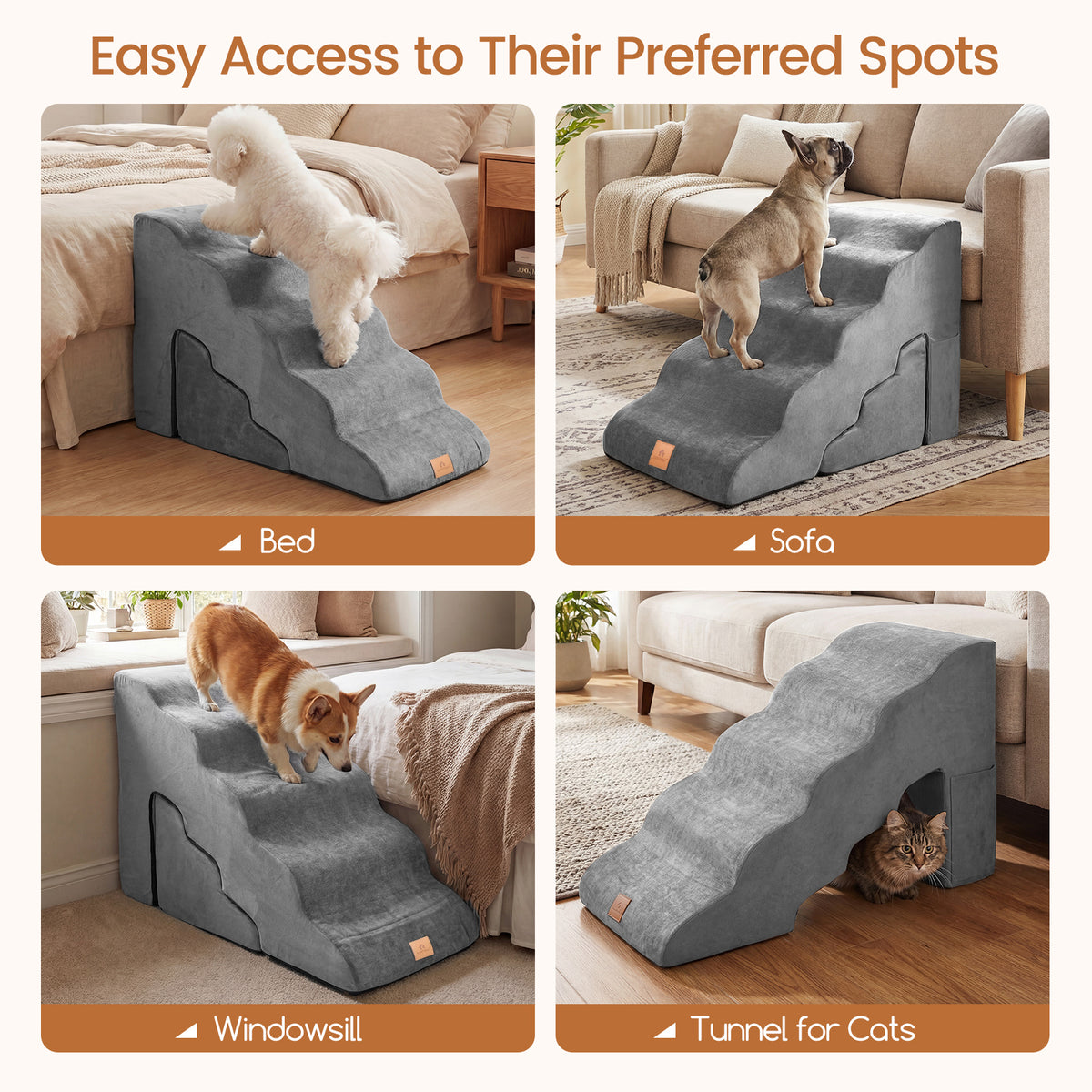 Foam Pet Stairs Set w/5-Tier & 3-Tier Dog Ramps, Non-Slip & Gentle-Slope Wide Dog Steps