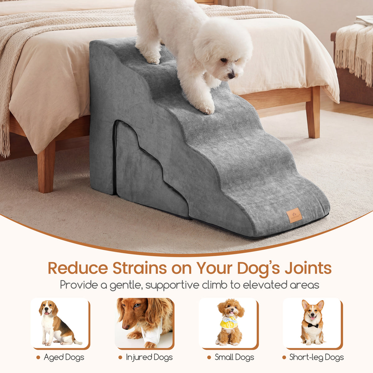 Foam Pet Stairs Set w/5-Tier & 3-Tier Dog Ramps, Non-Slip & Gentle-Slope Wide Dog Steps