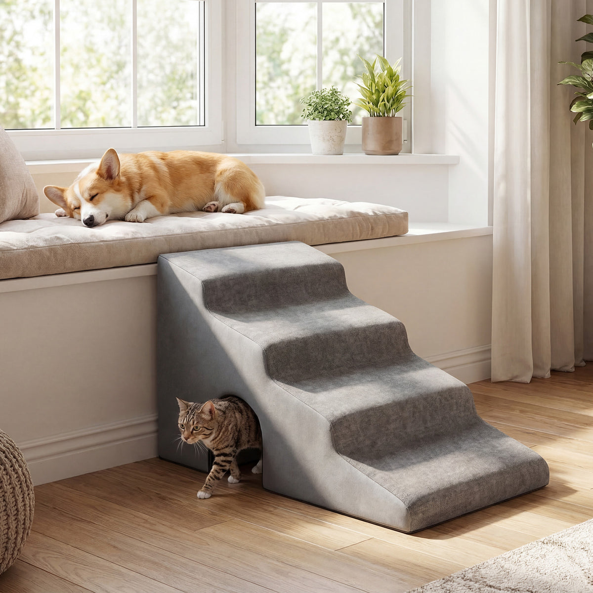 4-Tier High Density Foam Dog Ramps, Extra Wide Pet Stairs with Non-slip Bottom for High Beds & Couches