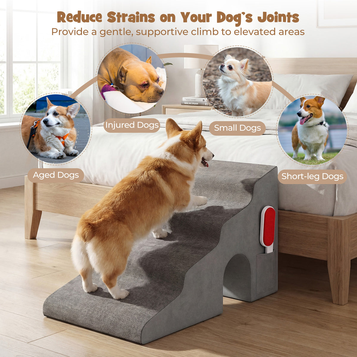 4-Tier High Density Foam Dog Ramps, Extra Wide Pet Stairs with Non-slip Bottom for High Beds & Couches