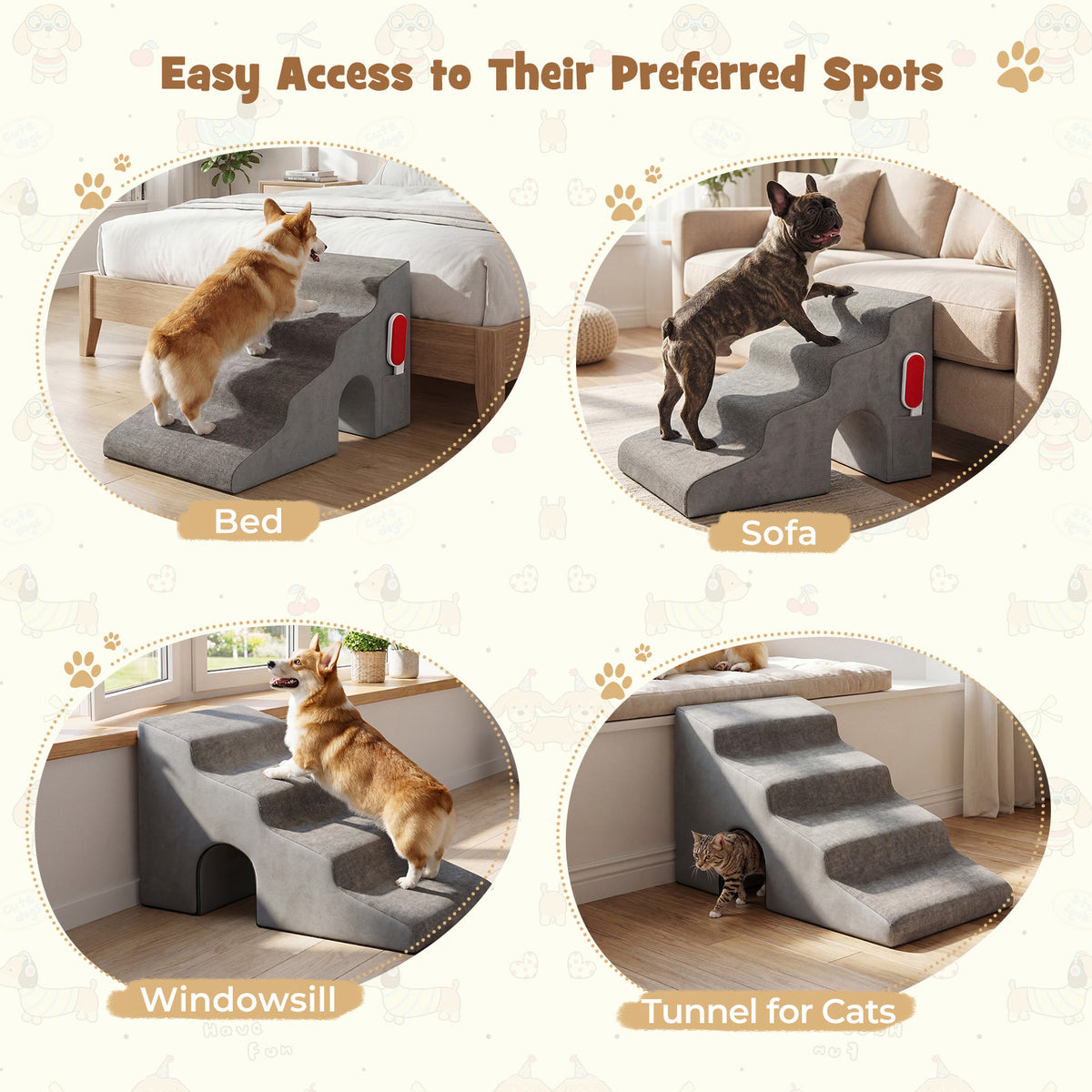 4-Tier High Density Foam Dog Ramps, Extra Wide Pet Stairs with Non-slip Bottom for High Beds & Couches